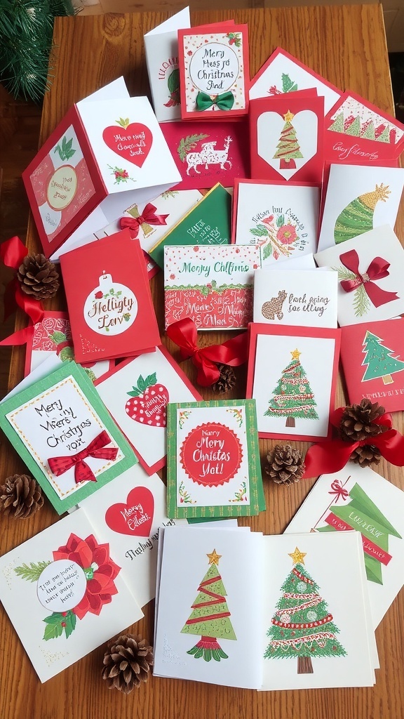 A collection of colorful handmade Christmas cards on a wooden table, showcasing various designs and decorations.